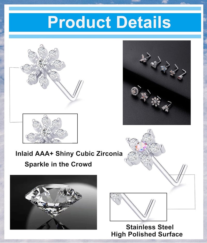 Tornito 9Pcs Nose Rings Stud L Bone Screw Shaped Nose Ring Flower CZ Snowflake Butterfly Screw Nose Stud Body Piercing Jewelry for Women Men 20G Silver Gold Rose Gold Tone - Image 3